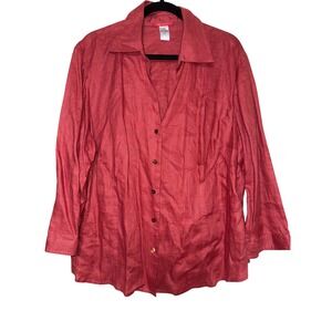 ANNE KLEIN 20W Red‎ Linen Blend Button Down Shirt Top Women